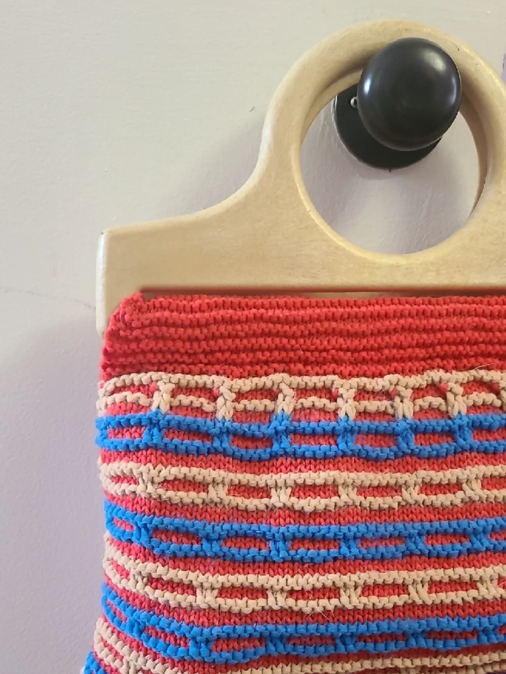 Handmade Crochet Tote Bag with Wooden Handles - Red, Blue & Cream - Picture 2 of 3